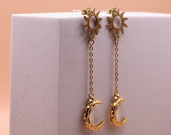 Sun and Moon Gold Chain Dangle Earrings | Meaning Card Included
