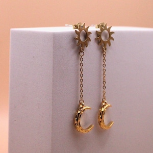 Sun and Moon Gold Chain Dangle Earrings | Meaning Card Included