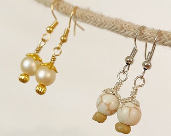 Handmade Beaded Pearl Earrings | Gold Pearl or Silver Earth Tones