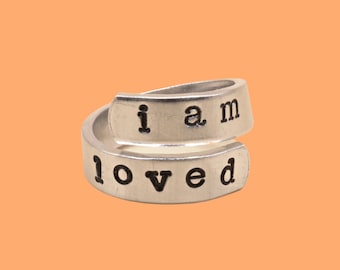 I am Loved | Hand Stamped Adjustable Christian Ring Wrap | Aluminum