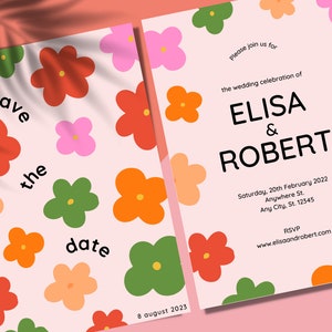 Könnte beinhalten: Save the date Hochzeitskarte mit rosa Hintergrund und bunten Blumenillustrationen. Der Text lautet "Save the date" und "8. August 2023". Die Einladung enthält auch die Namen "Elisa & Robert" und das Datum "Samstag, 20. Februar 2022".