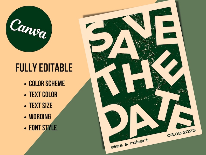May include: A green and white save the date card with the text "SAVE THE DATE" in large, bold, white letters. The text "elisa & robert" is below the main text, and the date "03.08.2023" is in the bottom right corner.