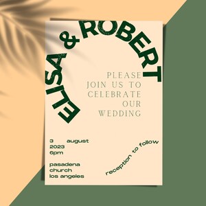 May include: A wedding invitation with a cream background and green text. The text reads "& ROBERT ELISA" in a circle at the top. The text "PLEASE JOIN US TO CELEBRATE OUR WEDDING" is centered below the circle. The date and time of the wedding are listed below the text: "3 august 2023 6pm". The location of the wedding is listed below the date and time: "pasadena church los angeles". The text "reception to follow" is written in a circle at the bottom right corner of the invitation.