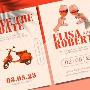 Pode incluir: Cartão de guardar a data com um esquema de cores vermelho e branco. O cartão apresenta um scooter vintage e o texto "Save the Date" e "Elisa e Robert". A data "03.08.23" também está incluída. O cartão está colocado sobre um fundo bege claro.