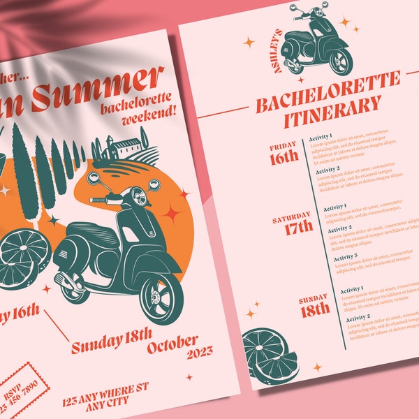 Italian Summer Bachelorette Invitation and Itinerary | Italy | Canva Template | Editable | Download | Personalized | Hens Party | Tuscany