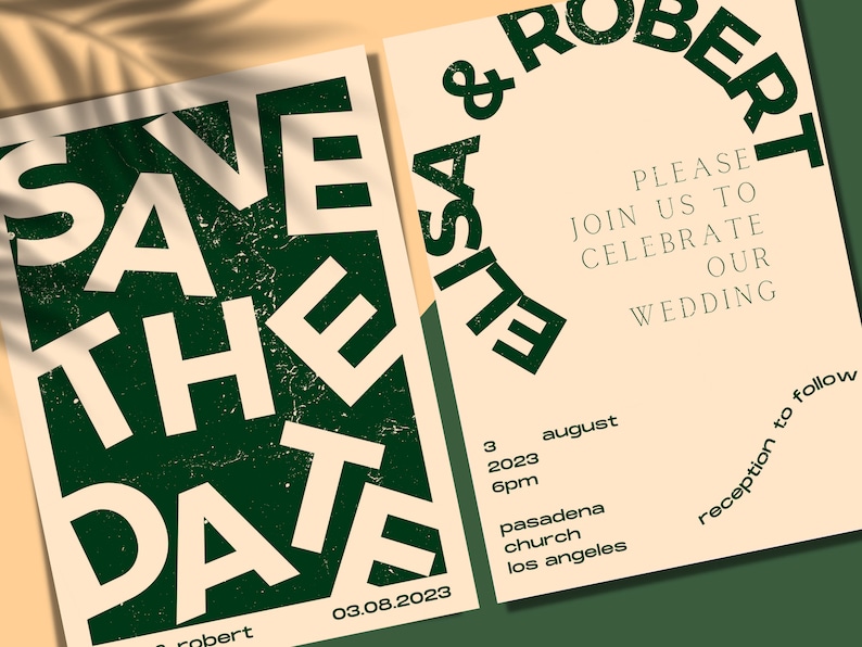 May include: Save the Date wedding invitation with a green and white color scheme. The invitation features the text "Save the Date" in large, bold letters and the date "03.08.2023". The invitation also includes the names "Elisa & Robert" and details about the wedding ceremony, including the date, time, and location.