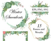 Set of winter succulents wreaths and frames. DIY wedding invitations, Christmas cards, botanical invitations. logo and branding.