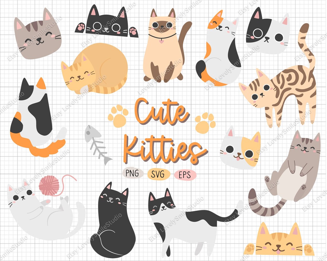 Cute cats clip art. Lovely kitten svg png eps. Cutting files | Etsy