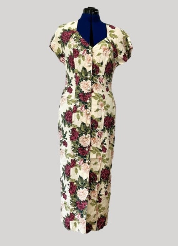 Vintage 80's 1980s Rose Floral Dress USA