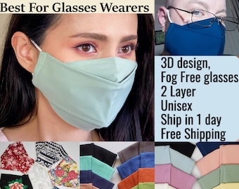 SOFT 3D Japanese Cotton Face Mask for Glasses | Adjustable ear loops | Reusable Washable | USA Handmade | Origami Style | Summer face masks