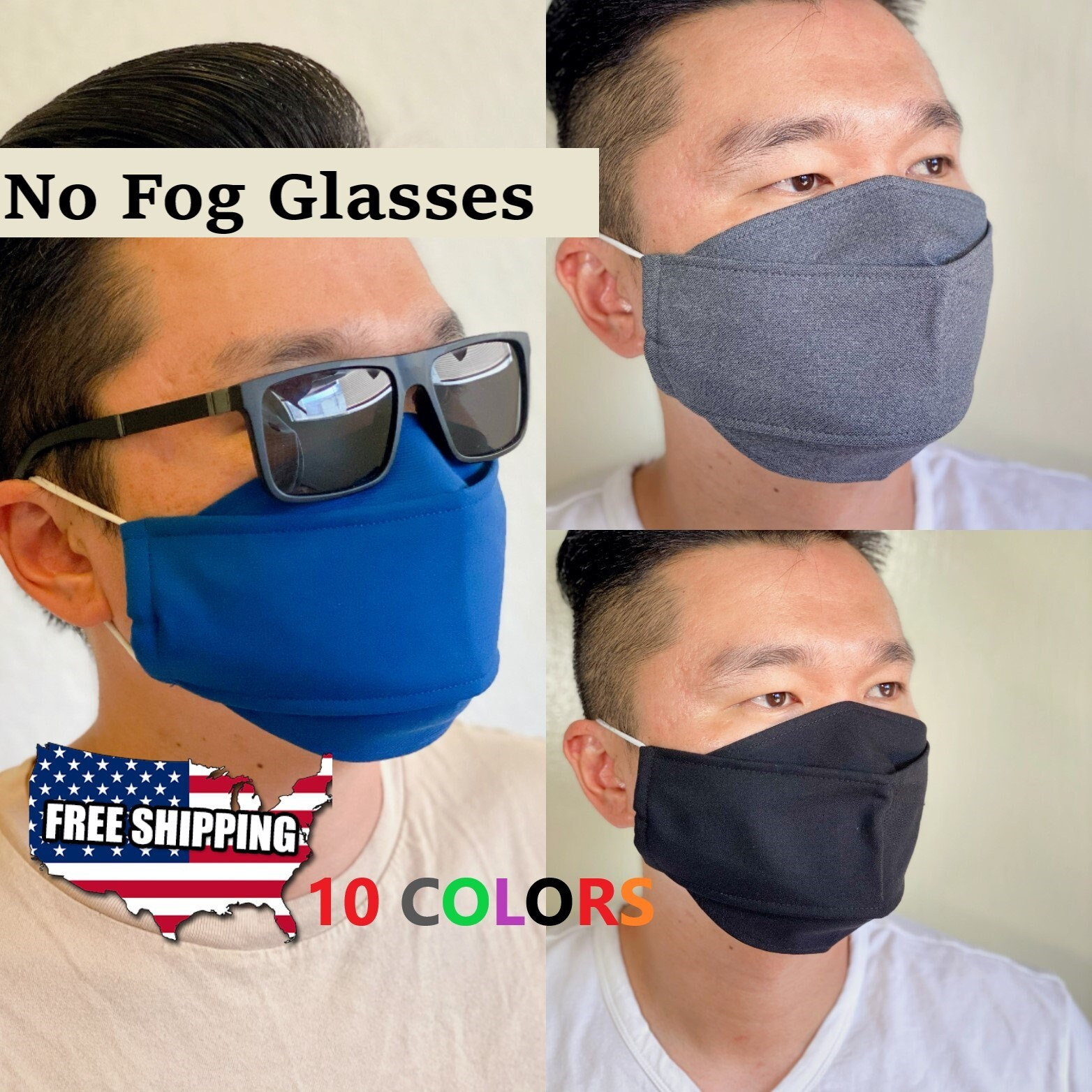 Face mask for Glasses wearers No fog Japanese cotton 3D Easy breathing professional colors reusable washable cool large for men made in USA