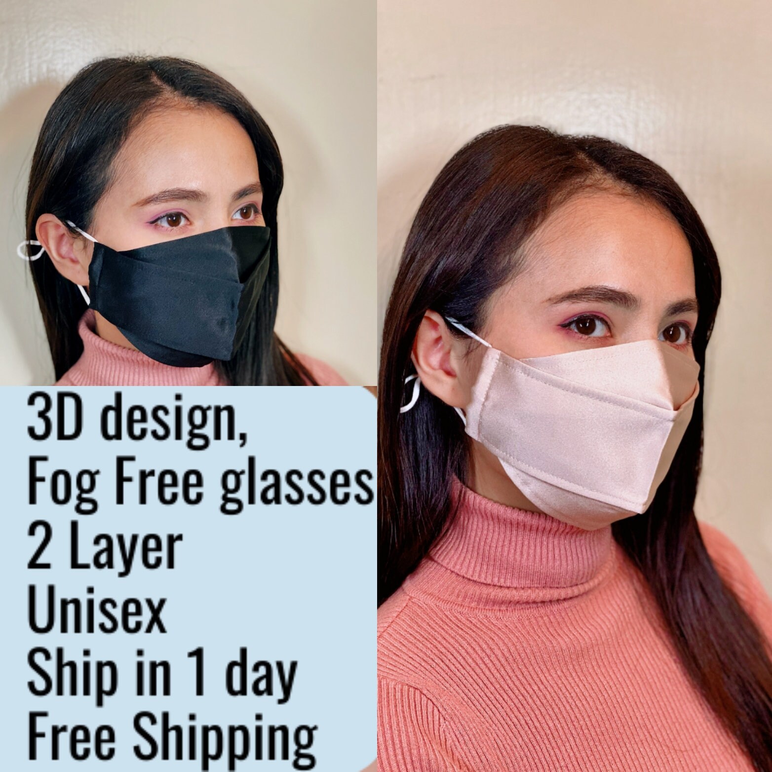 Satin Face mask for Glasses wearers USA handmade easy breathing Japan…