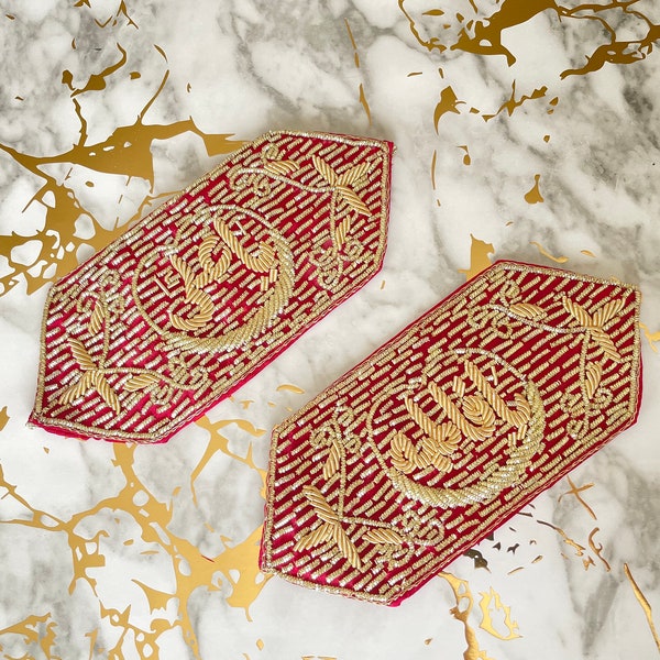 Imam Zamin Set Red & Gold Silk Hand Embroidered with Words Ya Ali Ya Fatima. Islamic Wedding/Nikaah/Engagement Protective Arm Band.