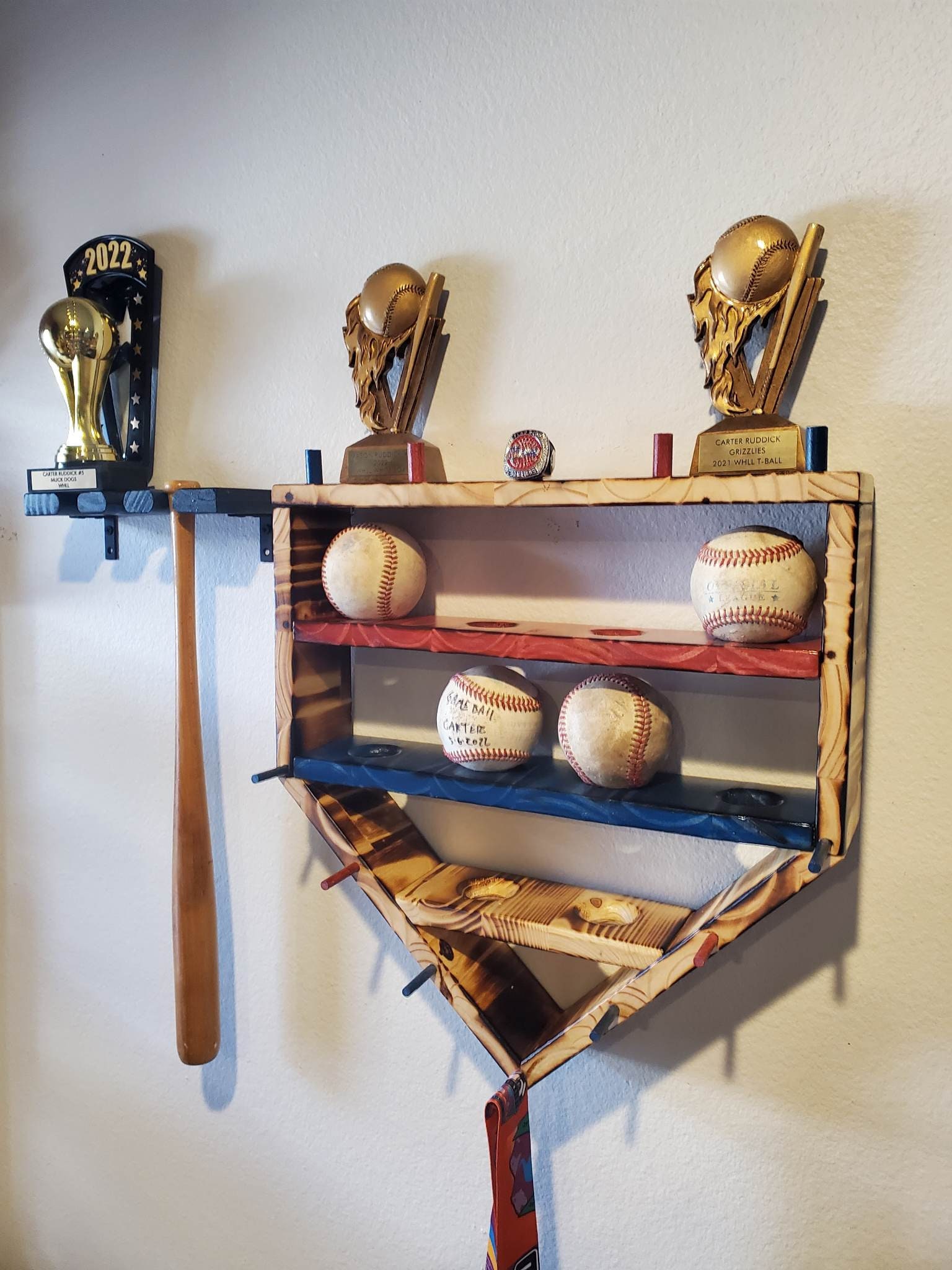 Cherry Hand Made Baseball Trophy Case With Bat Rack 