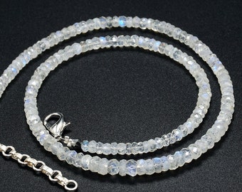 AAA+++ Collier en pierre de lune arc-en-ciel naturel, collier de perles rondelle à facettes arc-en-ciel blanc, collier en pierres précieuses, cadeau d’anniversaire cadeau de fiançailles