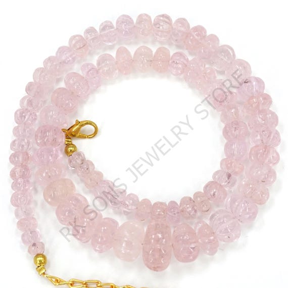 Pink Morganite Carved Rondelle Necklace, High Luster Graduated 6-15mm Natural Morganite Necklace, 925 Silver Clasp