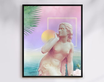 Vaporwave "Delicate" Art Print | Surreal Wall Decor, Dreamy Collage Art, Greek Mythology, Neon Aesthetic, Pastel Wall Art, Roman Statue
