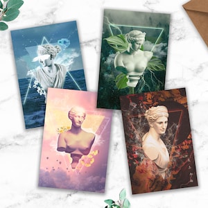 May include: Four different art prints featuring a bust of a woman in a geometric triangle frame. Each print has a different background, including a blue and green watercolour, a pink and purple watercolour, a green and brown watercolour, and a red and brown watercolour.