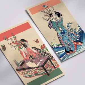 Vintage Japanische Postkarten (2er Set) | Mini Art Print, Mokuhanga Ukiyo-e Wanddekor, Vintage Asiatische Kunst, Hokusai, Große Welle von Kanagawa