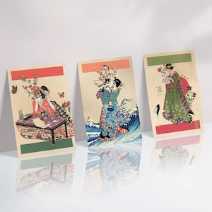 Vintage Japanische Postkarten (3er Set) | Mini Art Print, Mokuhanga Ukiyo-e Holzschnitt, asiatische Kunst, Hokusai, Great Wave of Kanagawa