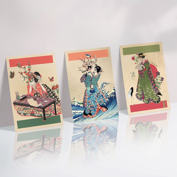 Vintage Japanese Postcards (Set of 3) |  Mini Art Print, Mokuhanga Ukiyo-e Woodblock Wall Decor, Asian Art, Hokusai, Great Wave of Kanagawa