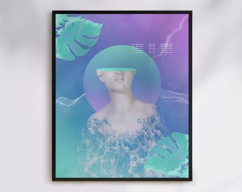 Vaporwave "Dreamwave" Art Print | Surreal Wall Decor, Dreamy Collage Art, Greek Mythology, Neon Aesthetic, Pastel Wall Art, Roman Statue