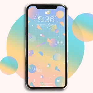 Puede incluir: Un teléfono inteligente con una carcasa blanca y dorada que muestra un fondo de pantalla de patrones geométricos coloridos con un fondo de cuadrícula. La hora es 9:36 y la fecha es miércoles 8 de enero.