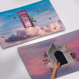 Postales Sueños en el Cielo (Conjunto de 2) / Arte de collage surrealista, Mini impresión de arte, Arte de pared calmante, Lindo regalo estacionario