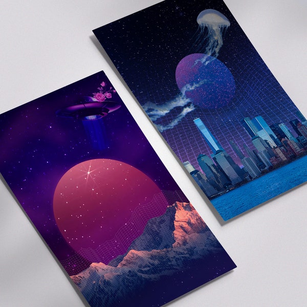 Vaporwave Space Postcards (Set of 2) | Galaxy Collage Art, Mini Art Print, Aesthetic Wall Art
