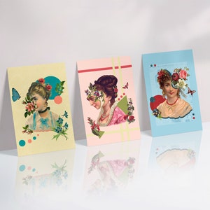 Victorian Lady Collage Postkarten (3er Set) | Surreale Retro-Collage, Eklektisches Raumdekor, Mini-Kunstdruck, Vintage-Druck Wandkunst