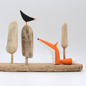 Zorro y pájaro de madera flotante originales hechos a mano, arte costero, arte recuperado, escultura de madera flotante, arte rústico, arte reciclado, regalo único reciclado