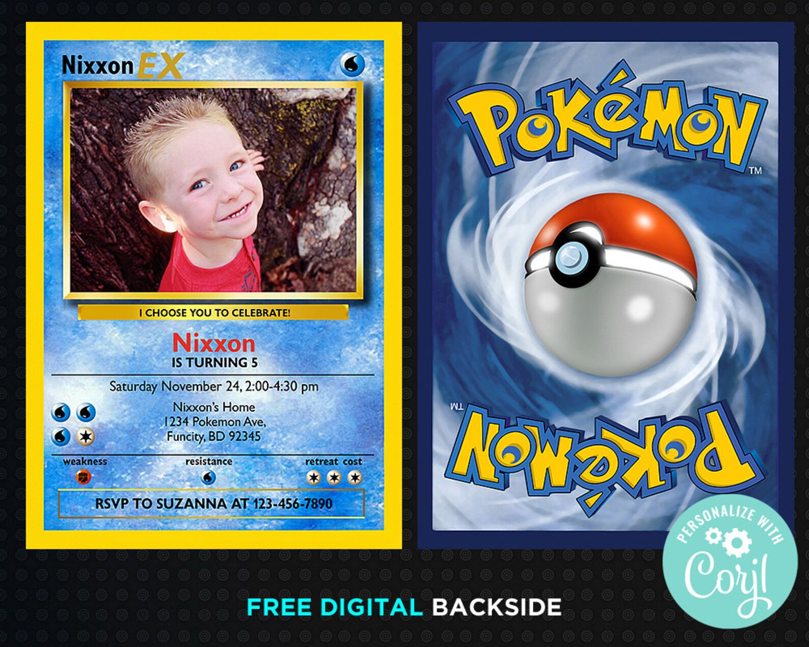 pikachu pokemon card birthday boy invitation with photo etsy