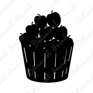May include: A black silhouette of a basket filled with apples. The basket is made of wood with a slatted design. The apples are arranged in a pile, with some overlapping.