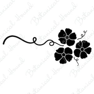 May include: Black and white illustration of three stylized flowers with a curved line above them.