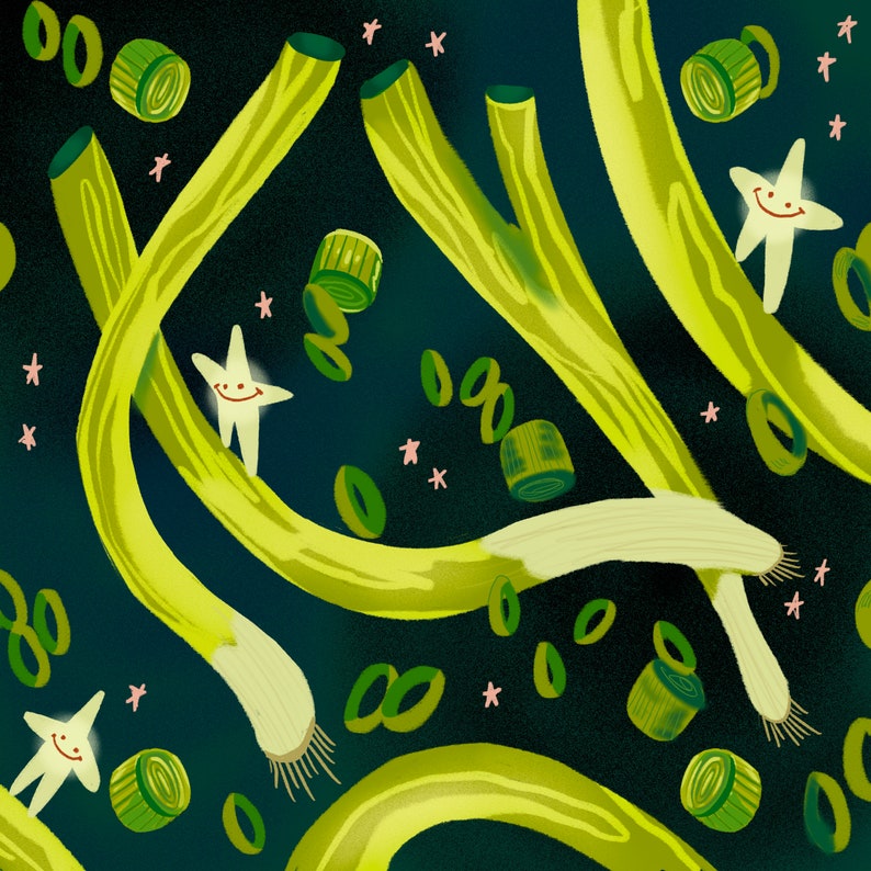 May include: A dark green background with yellow green stalks of scallions and small white stars. The scallions are cut into small circles and arranged in a pattern.