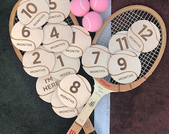 Baby Milestone Signs, Tennis theme, Wooden monthly markers, Baby Shower Gift, Baby Photo prop, Engraved Baby Disc, Set of 14 discs.