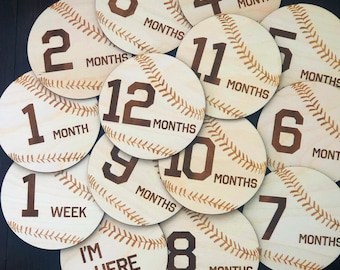 Baby Milestone Signs, Baseball theme, Wooden Monthly Markers, Baby Shower Gift, Baby Photo prop, Engraved Baby Disc, Set of 14 discs