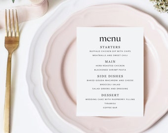 Wedding Menu, Custom Dinner Menu, Party Menu, Reception Menu, Printed Menu, Modern Wedding Menu Card