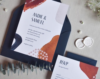 Abstract Wedding Invitation with RSVP Card, Watercolor Wedding Invitations with Envelopes and Details Card, Modern Fall Wedding Invites