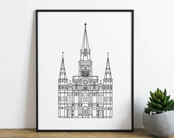 New Orleans Wall Art, Saint Louis Cathedral Art Print, French Quarter Wall Decor, Black and White Minimalist Line Art
