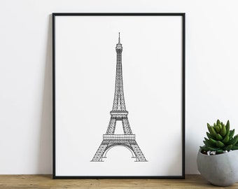 Eiffel Tower Wall Art, Paris Art Print, France Wall Decor, Black and White Minimalist Line Art