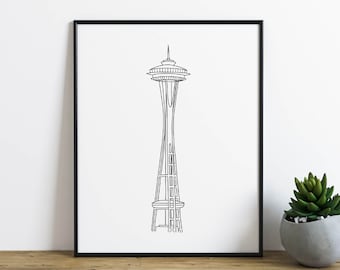 Space Needle Wall Art, Seattle Art Print, Washington Wall Decor, PNW Black and White Minimalist Line Art