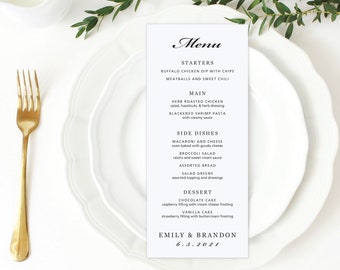 Wedding Menu, Custom Dinner Menu, Party Menu, Reception Menu, Printed Menu, Classic Wedding Menu Card