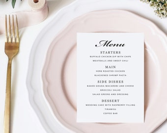 Wedding Menu, Custom Dinner Menu, Party Menu, Reception Menu, Printed Menu, Classic Wedding Menu Card
