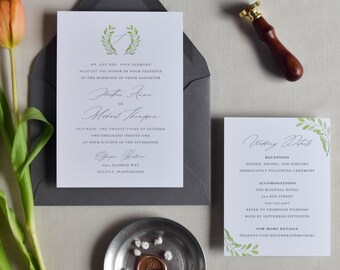 Romantic Wedding Invitation with RSVP Card, Watercolor Greenery Wedding Invite, Calligraphy Invitation Suite with Details Card