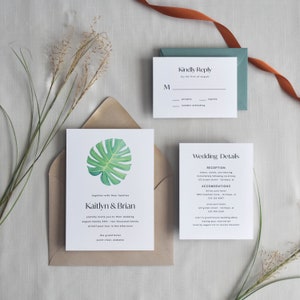Monstera Wedding Invite, Tropical  Watercolor Wedding Invitation with RSVP Card, with envelopes, details insert, Palm Leaf Invite