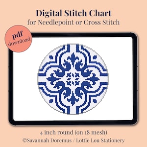 Lisbon, Portugal inspired Tile Design DIGITAL DOWNLOAD Needlepoint Chart, Cross Stitch Pattern of Blue & White Portuguese Azulejo, Italian