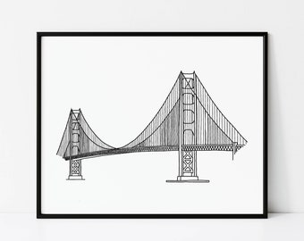 Golden Gate Bridge Wall Art, San Francisco Art Print, California Wall Decor, Black and White Minimalist Line Art