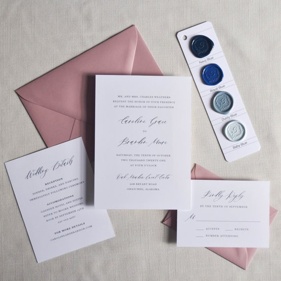 Romantic Wedding Invitation with RSVP Card, Wedding Invite with Envelopes and Details Insert Card, Calligraphy Wedding Invitation Suite