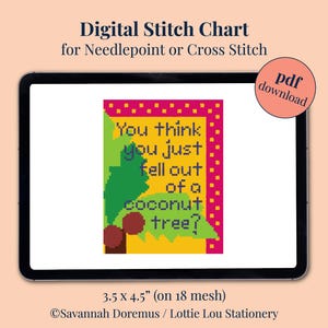 May include: Digital cross stitch pattern featuring a yellow background with a green tree, brown coconuts, and the text "You think you just fell out of a coconut tree?" in black. The pattern is 3.5 inches by 4.5 inches and is designed for 18 mesh fabric.